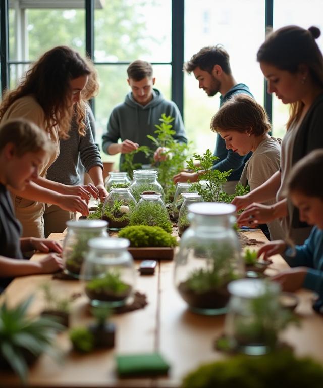 A group of people attending a terrarium building workshop, focused on their creations.
